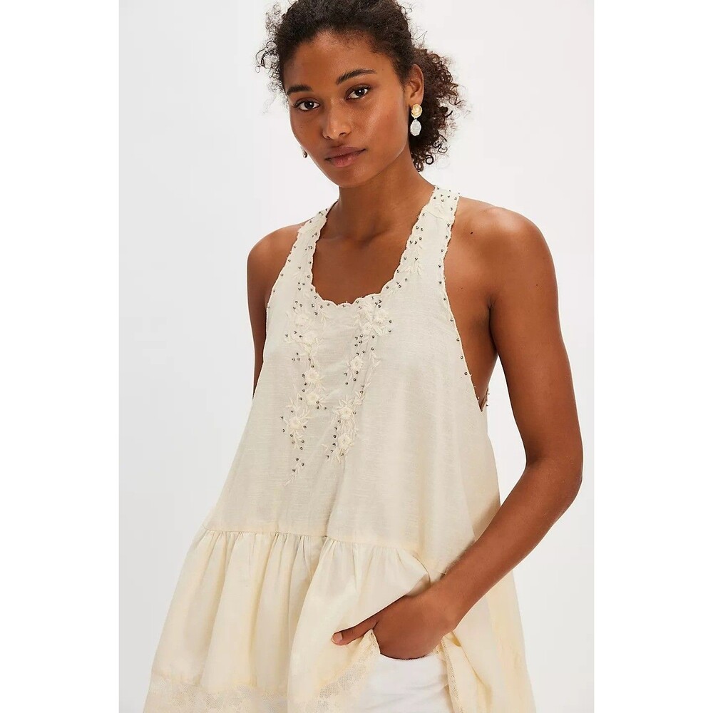 Free People Cream Embroidered Ruffle-Hem Tunic Top